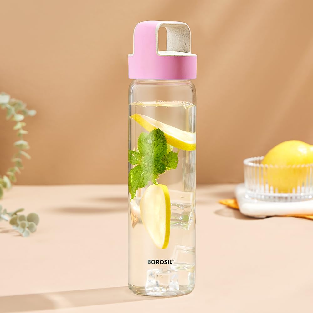 Borosil Neo Glass Bottle - Pink Handle 550 ml