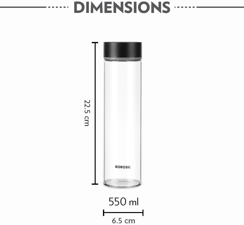 Borosil Neo Glass Bottle - Stainless Steel Lid 550 ml