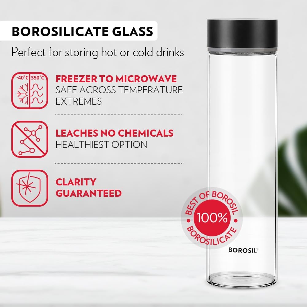 Borosil Neo Glass Bottle - Stainless Steel Lid 550 ml